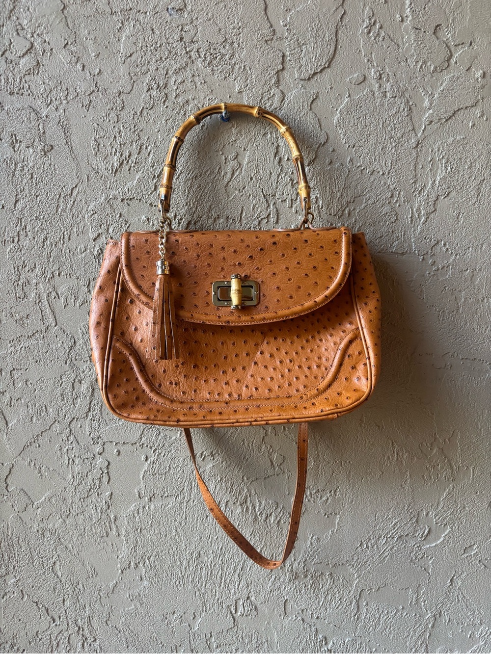 Tan ostrich Leather Top-Handle Shoulder Bag with Bamboo Accent